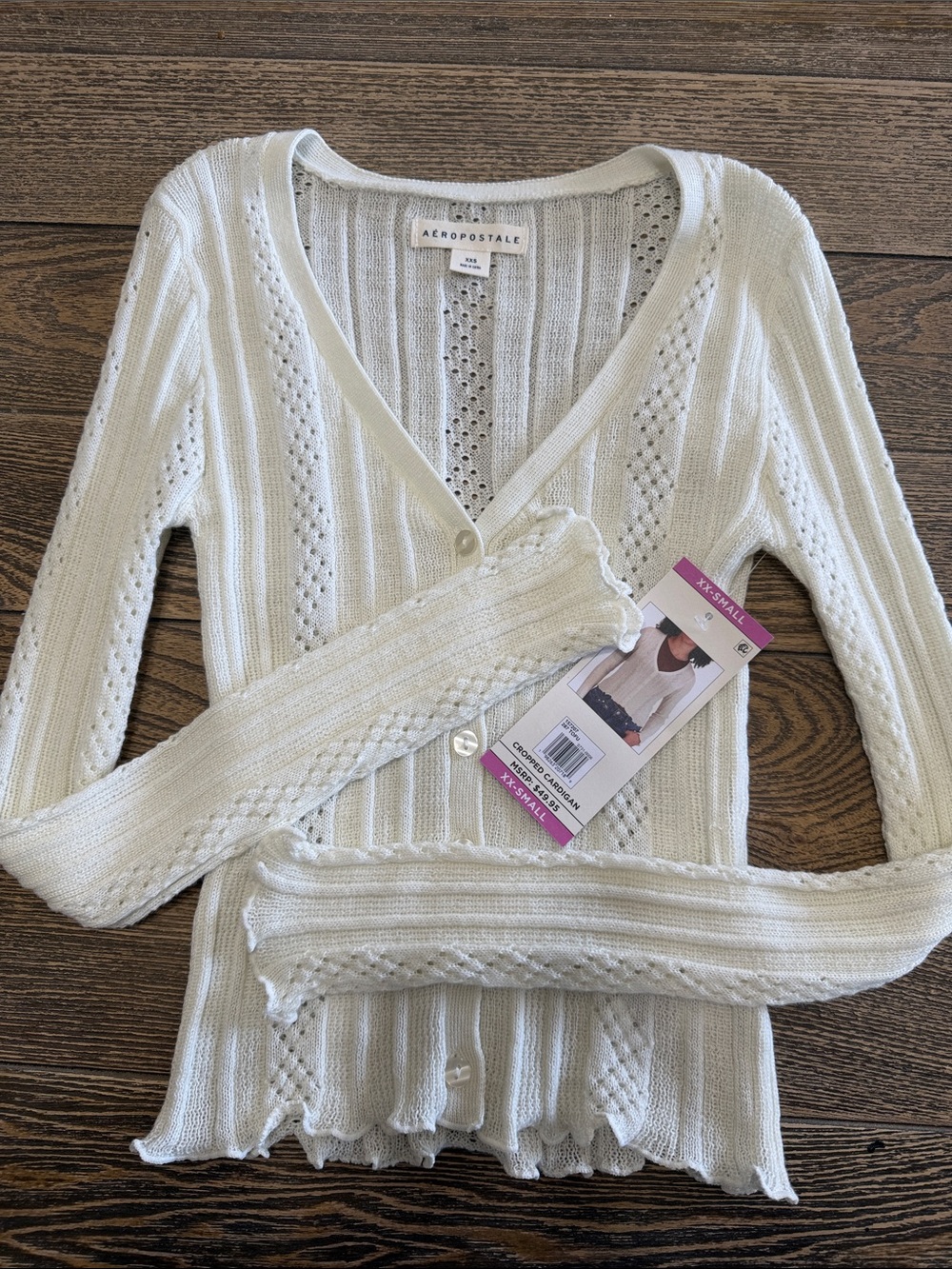 Aéropostale‎ Cream Openwork Knit V‑Neck Cardigan Cottagecore XX-Small Cropped
